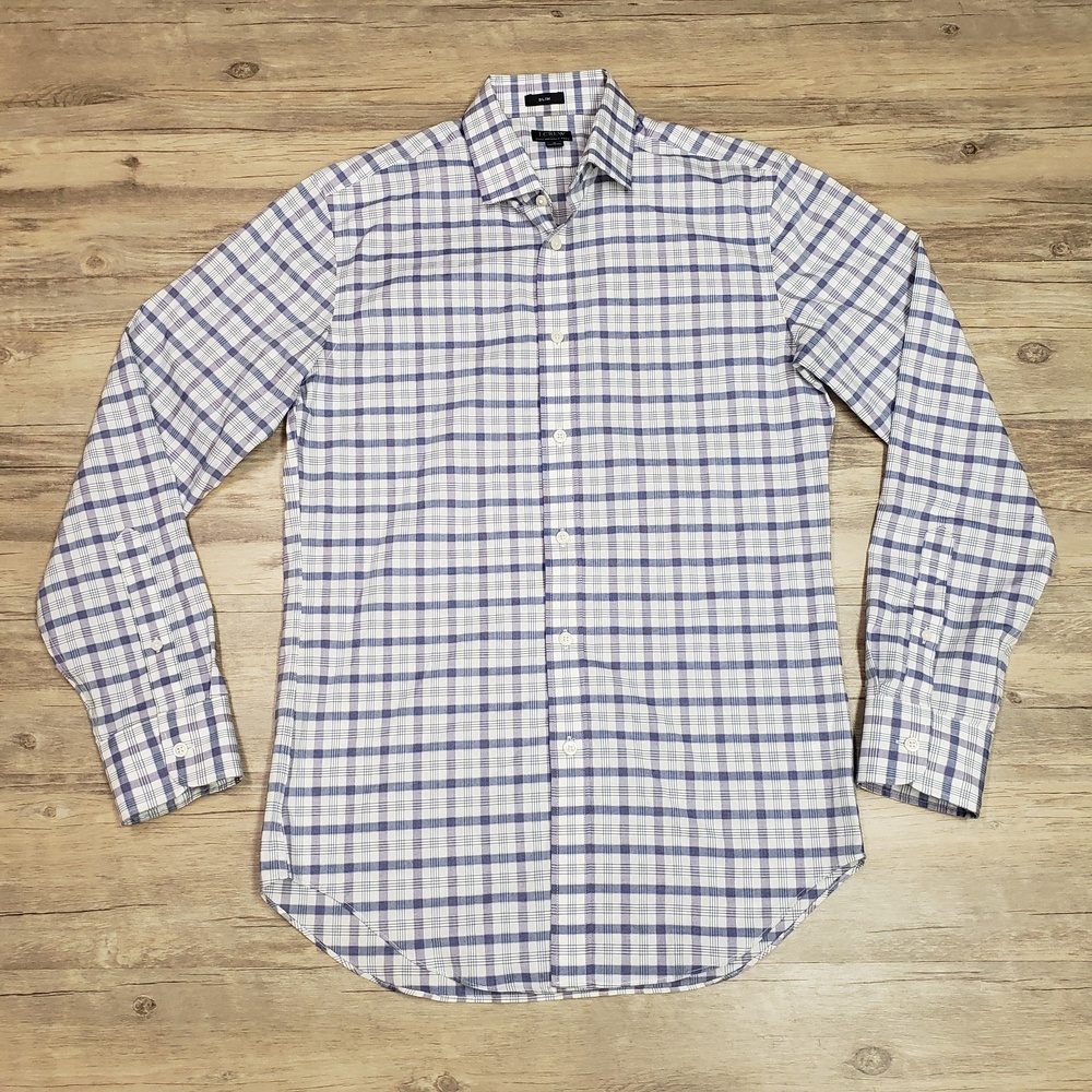 J.Crew Shirt Mens Small Blue Plaid Flex Wrinkle Free Slim Fit Dress Long Sleeve